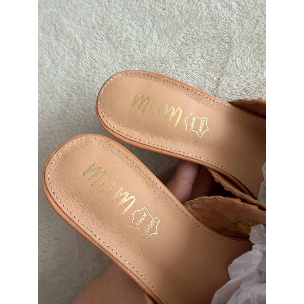 Mi.iM Womens 8 Tan Woven Leather Mules Pointed Toe Stacked Block Heel Boho - Picture 6 of 9